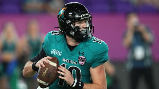 Coastal Carolina quarterback Grayson McCall drops back to pass.